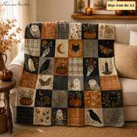 Vintage Halloween Flannel Blanket, Patchwork Ghost Owl Black Cat Throw,Pumpkin Crow Moth Fall Decor,