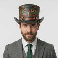 Black Owl Hand Painted Cowhide Leather Top Hat Handcrafted Steampunk Mad Hatter Hat, Genuine Leather