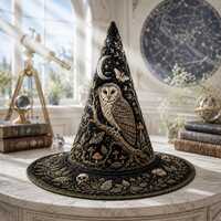 Quilted Halloween Witch Hat with Owl, Gothic Witch Hat Decor, Celestial Moon Hat, Dark Academia Hall