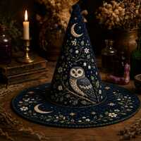 Owl Witch Hat, Quilted Celestial Witch Hat with Moon Stars Flowers, Woodland Halloween Costume Hat f