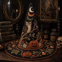 Quilted Halloween Witch Hat, Owl Pumpkin Table Decor, Fall Patchwork Centerpiece, Spooky Witchy Home