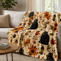 Black Cat Fleece Blanket, Fall Halloween Pumpkin Owl Throw Blanket, Witchy Autumn Decor, Cozy Cat Lo