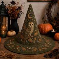 3D Print Quilted Witch Hat Owl Moon Halloween Decor, Woodland Witch Centerpiece, Cottagecore Fall De