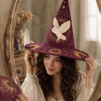 Celestial Owl Quilted Witch Hat Halloween Costume, Custom Witchcore Accessory, Gothic Moon Magic Hat
