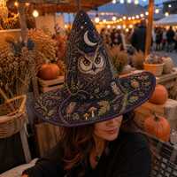Quilted Owl Witch Hat: Botanical Moon Cottagecore Halloween Costume Wide Brim Headwear