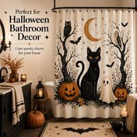 Vintage Halloween Black Cat Shower Curtain, Spooky Owl Ghost Pumpkin Decor