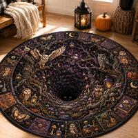 Mystical Owl Forest 3D Illusion Round Rug, Gothic Halloween Vortex Floor Mat (Coral Fleece)
