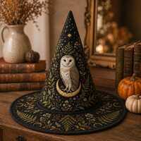 Halloween Quilted Witch Hat | Cottagecore Owl Witchy Decor Hat | Handmade Celestial Moon Phase | Coz