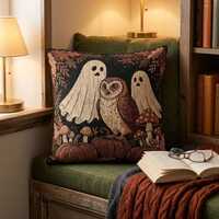 Halloween Owl Pillow Woven Throw Cushion Autumn Pumpkin Mushroom Ghost Barn Tapestry Design Cottagec