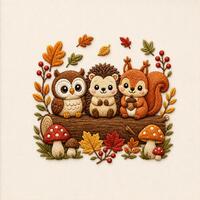 Cute Woodland Animals Fall Embroidery Design, Owl Hedgehog Squirrel Autumn Machine Embroidery File,
