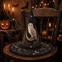 Owl Quilted Witch Hat, Celestial Halloween Witch Hat, Moon Owl Costume Accessory, Dark Cottagecore H