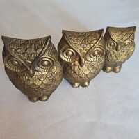 Family Trio Vintage Gold MCM Boho Metal Owls - Shelf Sitters or To Hang