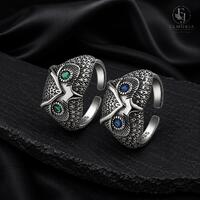 Owl Ring 925 Sterling Silver Owl Blue Green Zircon Ring Open Band Ring Owl Jewelry for Women Celesti