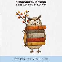 Owl with Books Machine Embroidery Design, Reading Bird PES DST Download