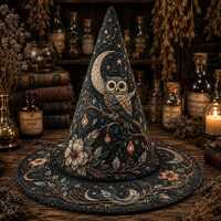 Owl Witch Hat, Celestial Moon Halloween Hat, Personalized Wide Brim Wizard Hat