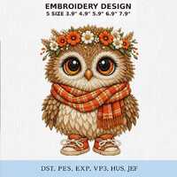 Fall Owl with Scarf Machine Embroidery Design, Autumn Floral Bird PES DST Download