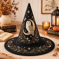 3D Quilted Witch Hat, Owl Crescent Moon Hat, Celestial Halloween Witch Hat, Black Botanical Witch Co
