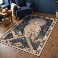 Cream and Blue Art Deco Owl Area Rug, Washable Moon Living Room Decor