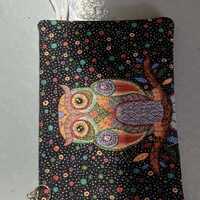 Boho Owl Tapestry Pouch, Woven Fabric Wristlet Clutch, Zipper Cosmetic Bag