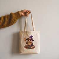 Halloween Owl Witch Tote Bag, Book Lover Cotton Shopping Bag