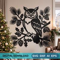 Christmas Owl Pine Branches Metal Wall Art DXF SVG