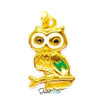 Enamel Owl Charm - Gold Stainless Steel Green and White - 14x23mm