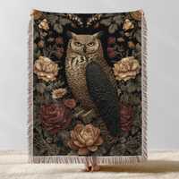 Dark Owl Woven Tapestry Blanket Cottagecore Floral Fantasy Throw Bookish Gift Dark Academia Owl Whim