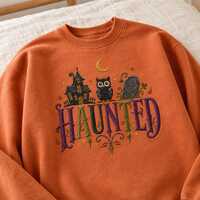 Embroidered Haunted Halloween Sweatshirt, Spooky Owl Haunted House Crewneck, Vintage Fall Sweater, C