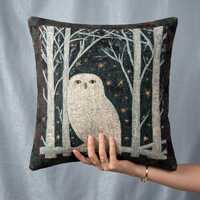 Snowy Owl Throw Pillow Birch Forest Night Decor Woven Pillow Cover Dark Academia Plaid Border Woodla