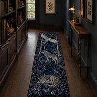 Gothic Forest Animal Runner Rug, Dark Academia Owl Wolf Hallway Carpet, Celestial Lynx Mystic Kitche