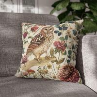 Vintage Floral Owl Throw Pillow Cover| Square Pillow Case, Botanical Bird Design No insert