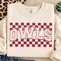 Owls PNG, Checkered Owls Mascot PNG, Varsity School Spirit Game Day Shirt Design, Team Spirit Sublim