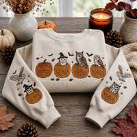 Halloween Pumpkin Owl Embroidered Sweatshirt, Autumn Woodland Animal Crewneck, Fall Season Shirt, Ha