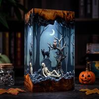 Gothic Skull and Owl Resin Lamp, Spooky Pumpkin Cemetery, Haunted Graveyard Moonlight, Halloween Aut
