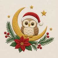 Christmas Owl Moon Embroidery Design, Cute Owl Poinsettia Holiday Machine Embroidery File, Celestial