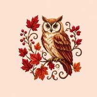 Autumn Owl Machine Embroidery Design with Maple Leaves Berries and Woodland Florals
