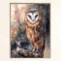 Barn Owl Watercolor Dark Moody Art Print, Wildlife Bird Painting, Enchanted Woodland Forest Wall Art