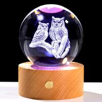3D Laser Engraved Owl Crystal Ball, LED Night Light (3.15in)