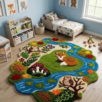 Woodland Nursery Rug, Fox Owl Forest Animal Playroom Carpet (Nature Theme)