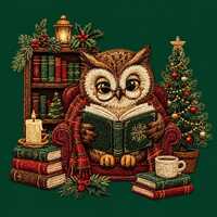 Christmas Owl Machine Embroidery Design Reading Book Cozy Holiday Library Scene