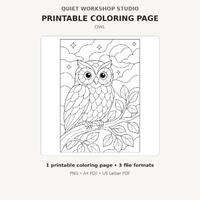Night Owl Contour Coloring Page, Moon, Stars, Leaves (Digital Download)