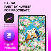 Owls in Blossom Procreate Paint by Number, Adult Coloring Page (PDF PNG SVG)