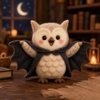 Needle Felt Owl Figurine Set, Bat Owls, Cozy Halloween Cape Decor