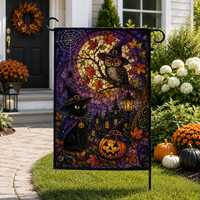 Personalized Garden Flag, Stained Glass Witch Cat Owl Halloween Yard Decor
