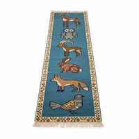 Hand Knotted Animal Runner Rug, Woodland Deer Owl Fox Rabbit Rug, Boho Tribal Hallway Runner, Kids R