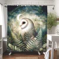 Mystical Owl Shower Curtain, Celestial Moon Forest Shower Curtain, Enchanted Woodland Bathroom Decor