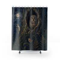 Woodland Birds Shower Curtain, Moonlit Owl in Oak Hollow, Indigo Forest Bathroom Decor, Vintage Lino