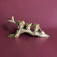 Vintage Solid Brass Owls on Branch Decor Figurine 7"