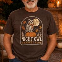 Owl Halloween Shirt, Night Owl Harvest Club Tee, Vintage Pumpkin Fall Graphic T-Shirt