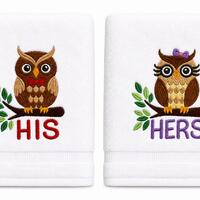Embroidered His And Hers Owls Hand Towels